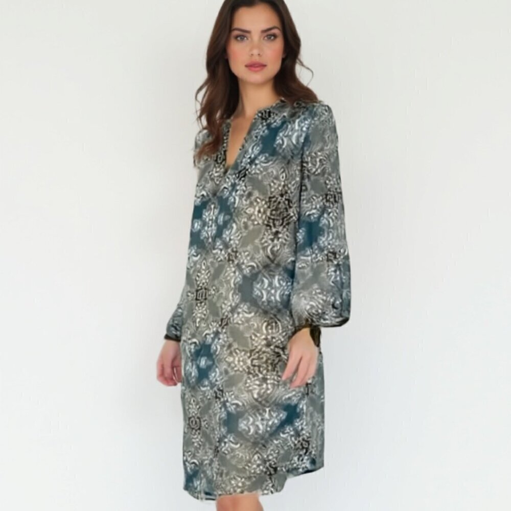 Banana Republic Floral Geo Shift Dress Teal Blue Boho Flowy Balloon Sleeve 0